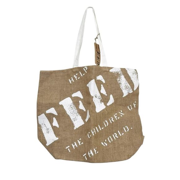 FEED Projects Burlap Tote Bag Natural White Handles Large Reusable Shopping - Picture 2 of 10